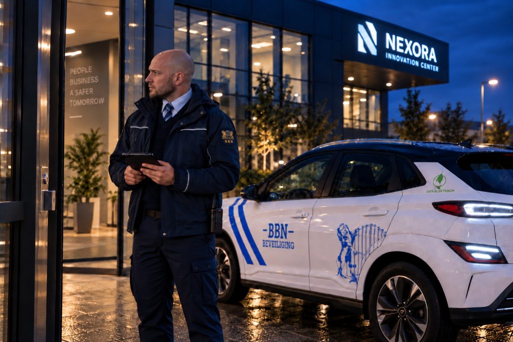 BBN-beveiliger tijdens alarmopvolging bij een bedrijfspand