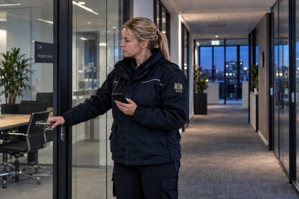 BBN-beveiliger controleert een kantoor tijdens een brand- en sluitronde