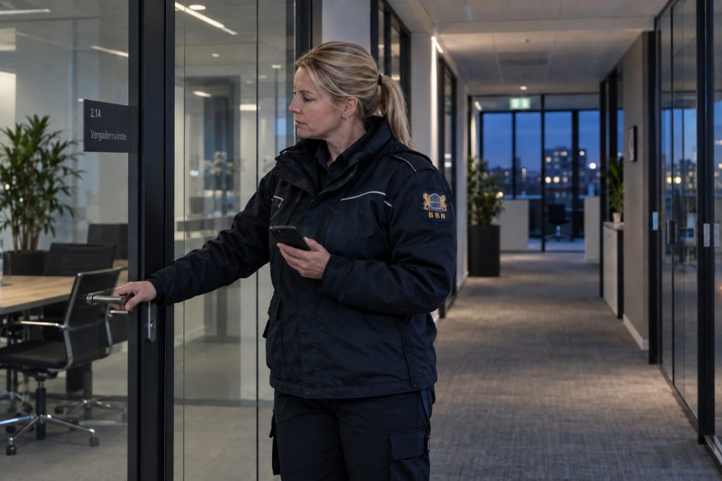 BBN-beveiliger controleert een kantoor tijdens een brand- en sluitronde
