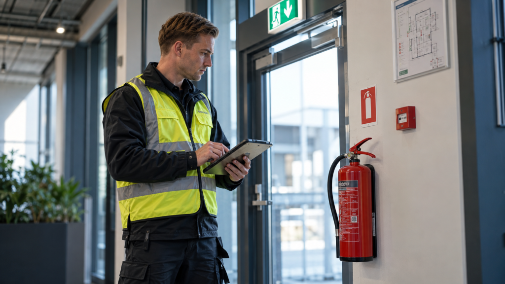 Brandwacht van BBN Beveiliging tijdens een brandveiligheidscontrole