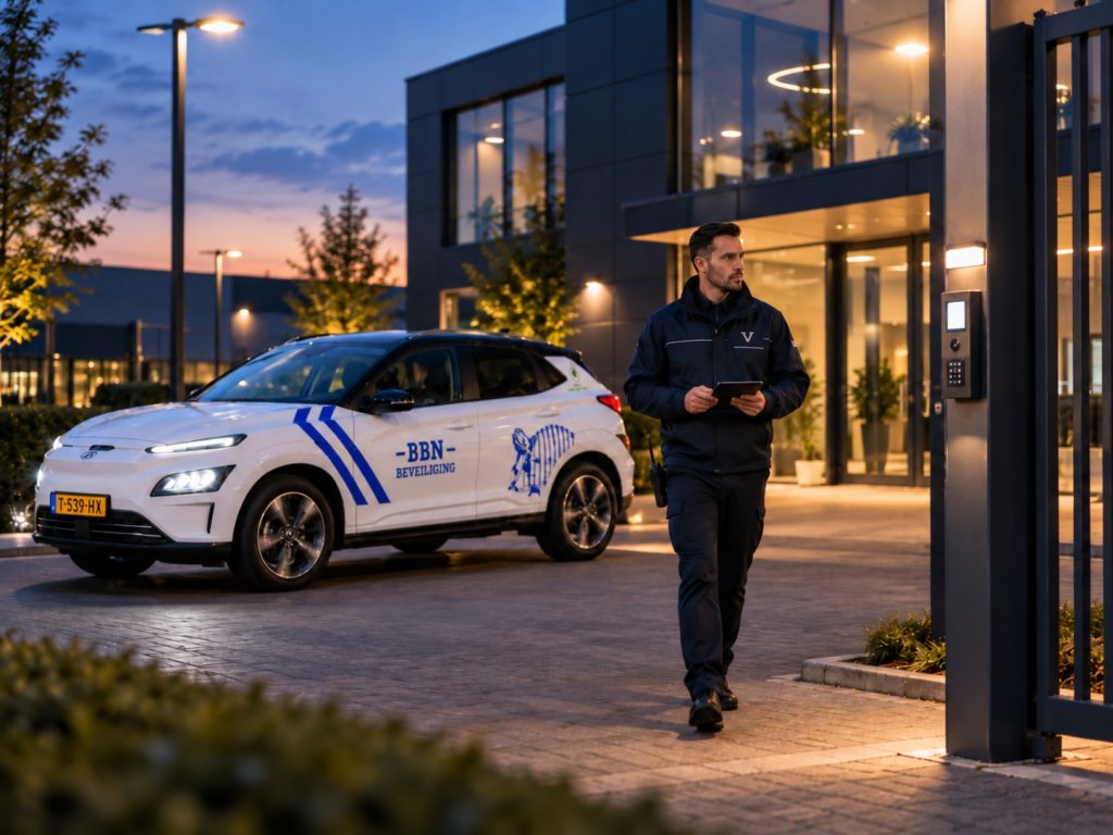 BBN-beveiliger voert een mobiele surveillanceronde uit bij een bedrijfslocatie