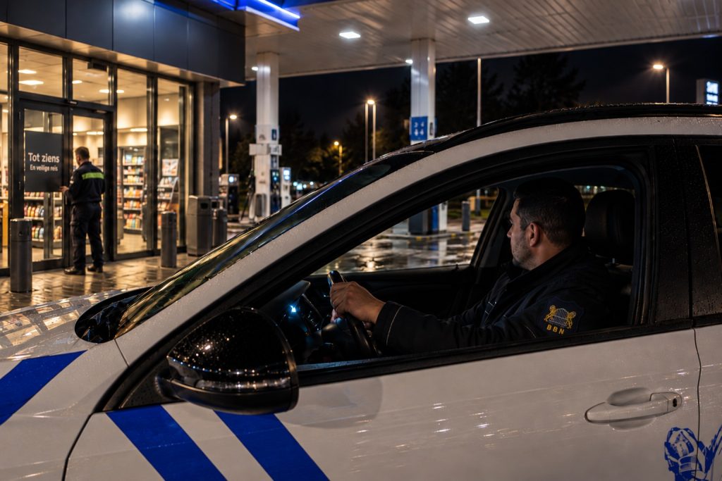 BBN-beveiliger houdt vanuit de dienstauto toezicht tijdens het afsluiten van een tankstation