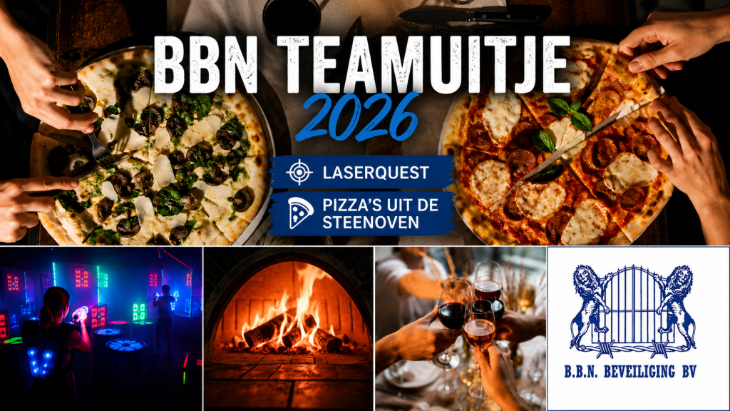 BBN Beveiliging teamuitje 2026 met lasergamen en pizza's uit de steenoven