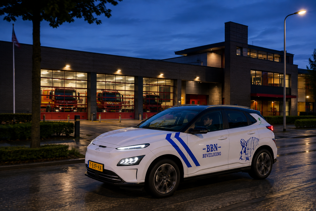 BBN-surveillant voert in de avond een mobiele surveillanceronde uit op een parkeerterrein ter preventie van diefstal en criminaliteit.
