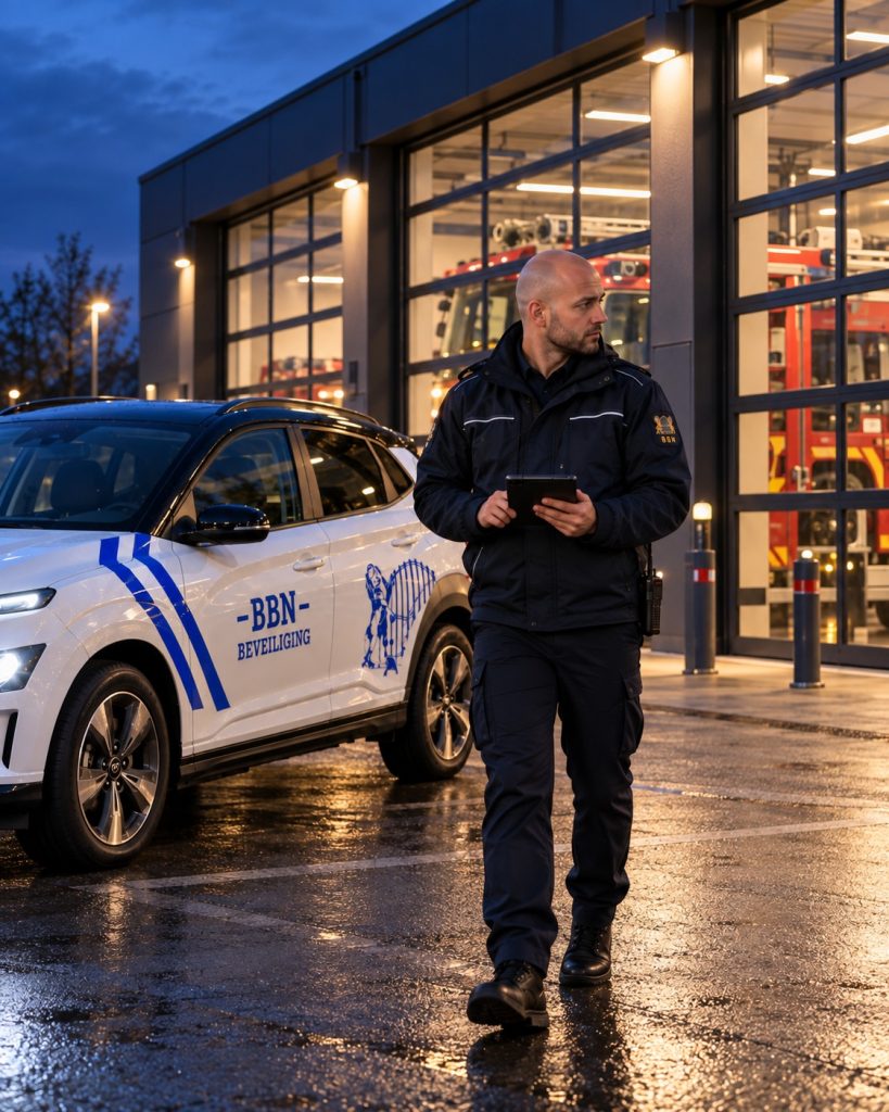 BBN-beveiliger voert een controleronde uit bij een brandweerkazerne