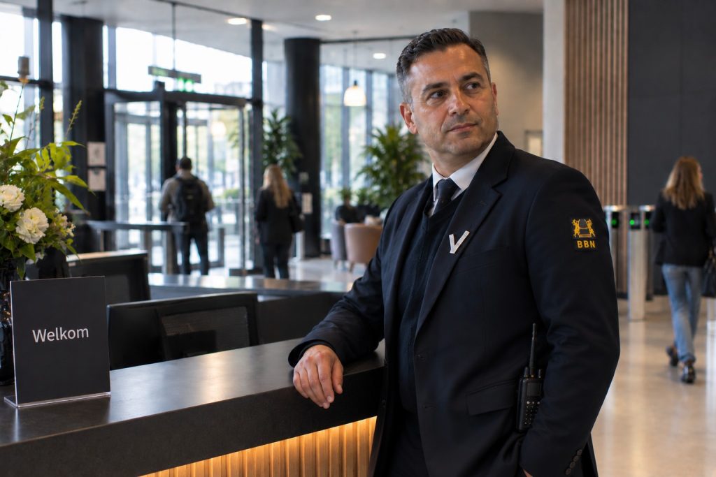 BBN Beveiliging beveiliger bij de receptie van een modern bedrijfspand