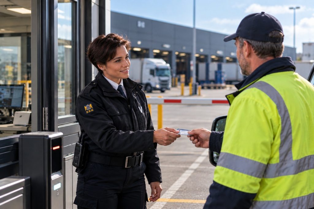 Beveiligster van BBN Beveiliging controleert de toegangspas van een leverancier bij een logistiek bedrijf
